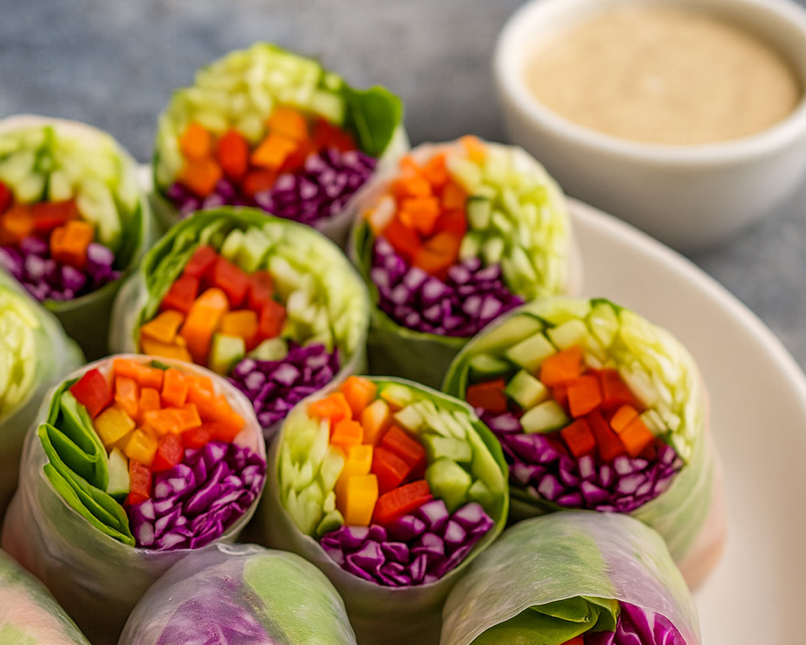 Aufgeschnittene Summer Rolls mit Gurke, Karotte und Rotkohl