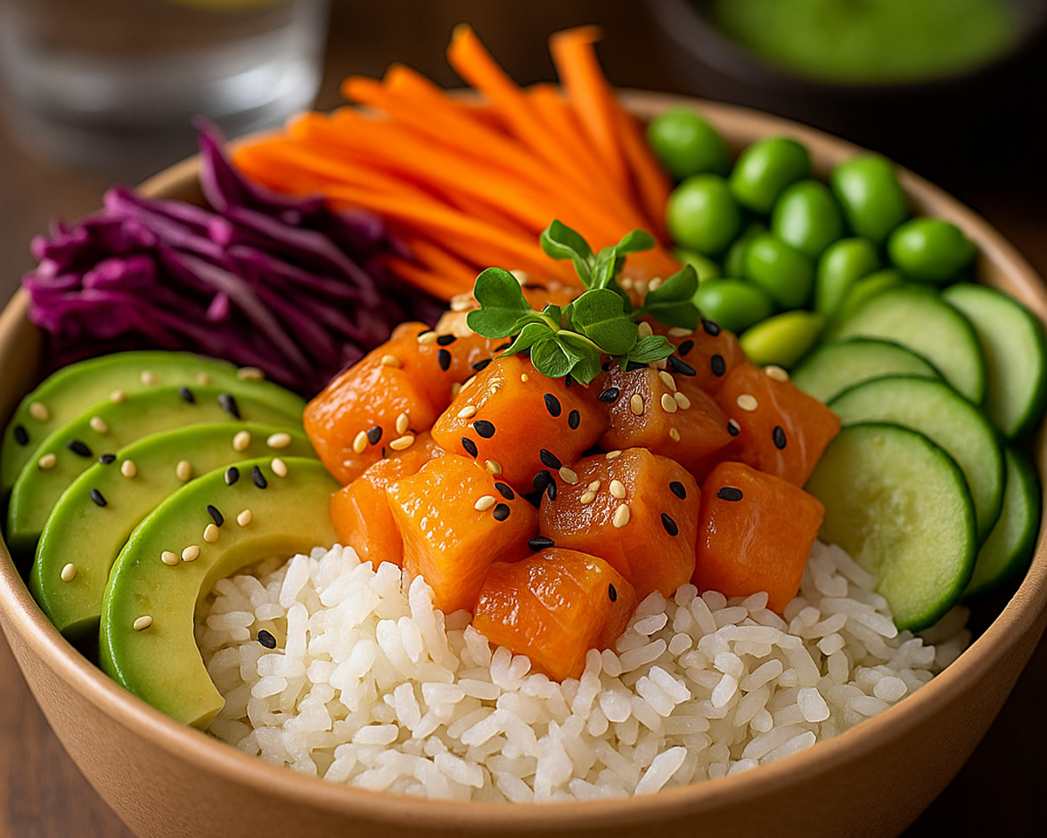 Bowl mit Reis, Lachs, Avocado, Gurke, Edamame und Rotkohl